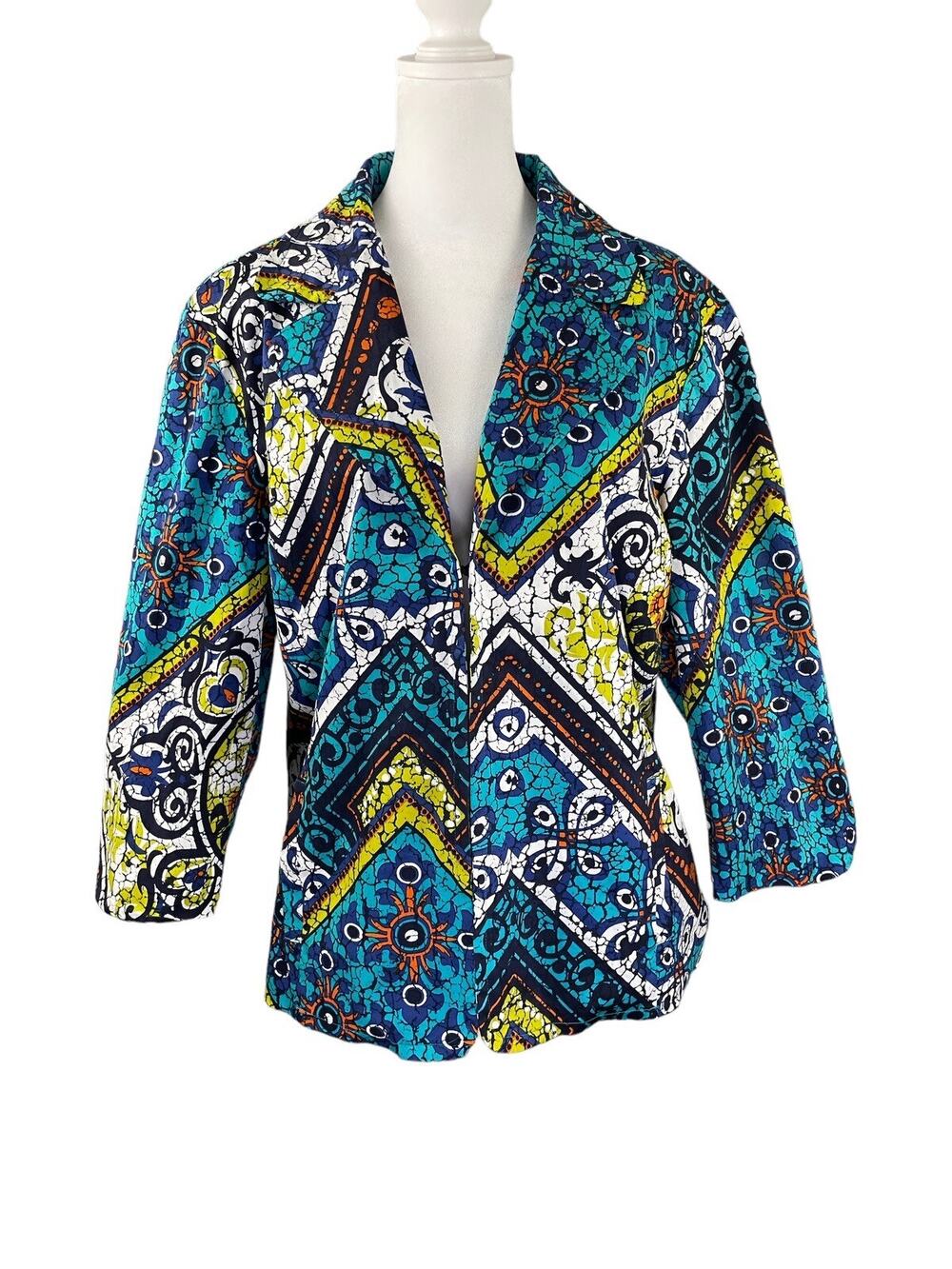 Chico's Vanya Jacket 3 XL Corsican Blue Moroccan Printed Artsy Boho 3/4 Sleeve